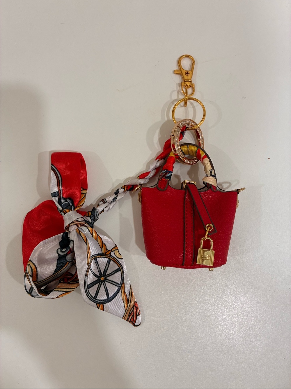 Red Mini Tote Keychain with Scarf Accent and Gold Hardware
